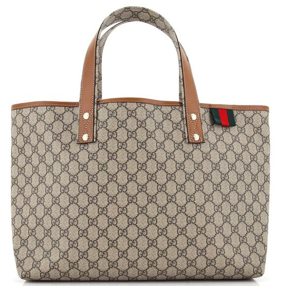 Gucci Handbags - Gucci Beige GG Canvas Tote with Brown Leather Trim and Green-Red Web